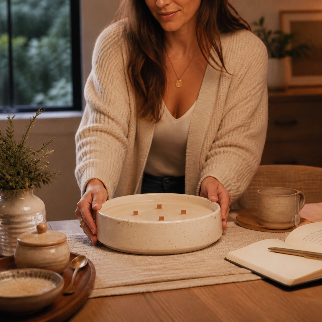 Terra Luna Lily and Pear Ceramic Candle arranged for an evening ritual