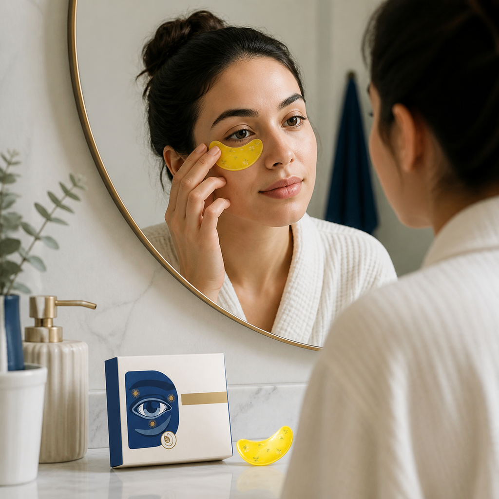 Lutein Brightening Eye Patches applied during a morning self-care moment