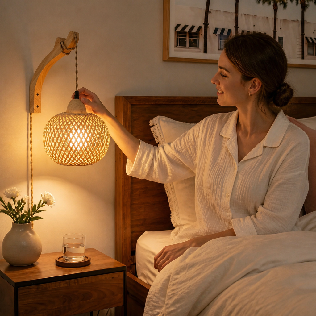 Vintage Bamboo Woven Wall Sconce switched on at bedtime
