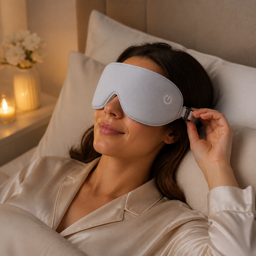 Cordless Heated Silk Eye Mask adjusted during an evening wind-down