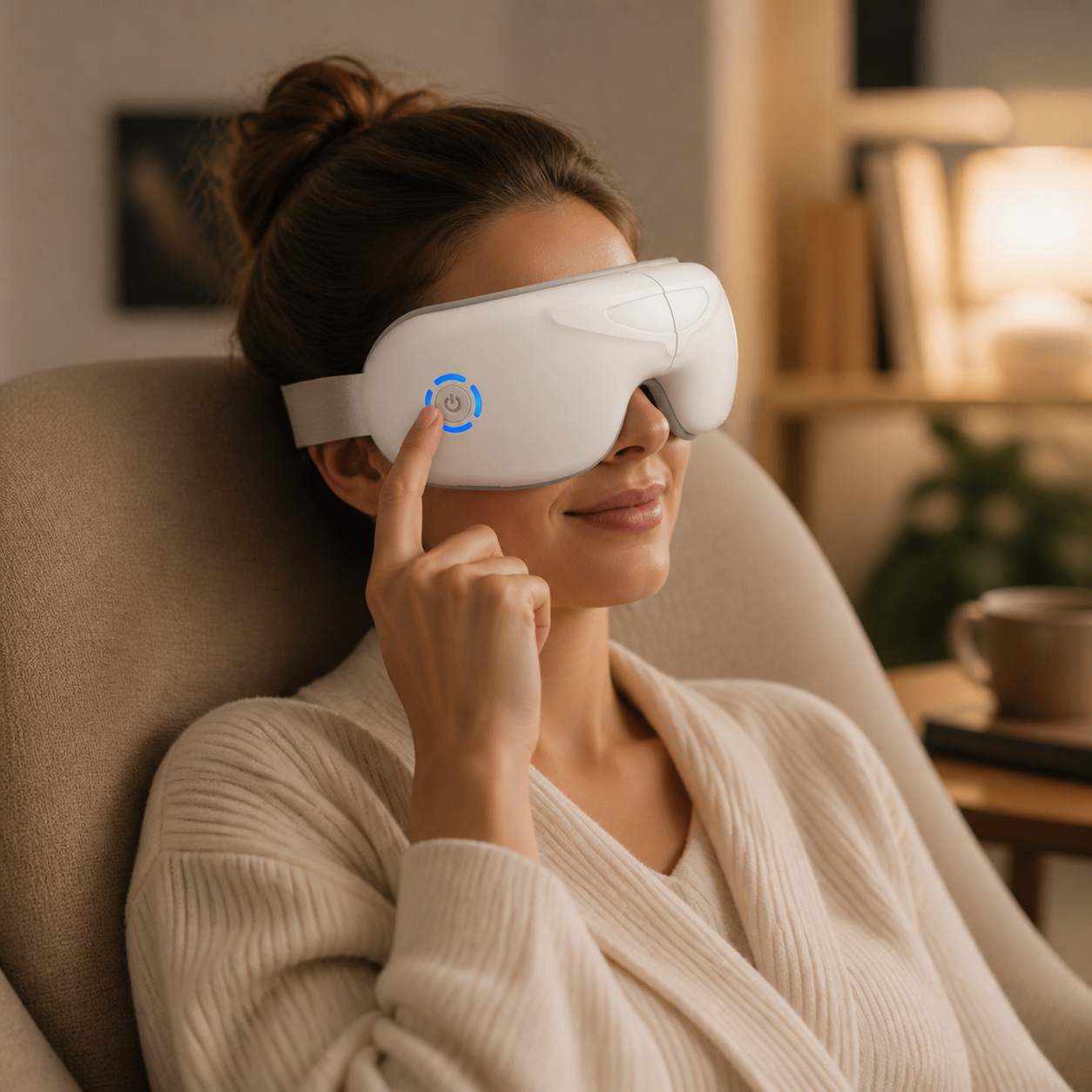Heated Air-Pressure Eye Massager used during a quiet after-work reset