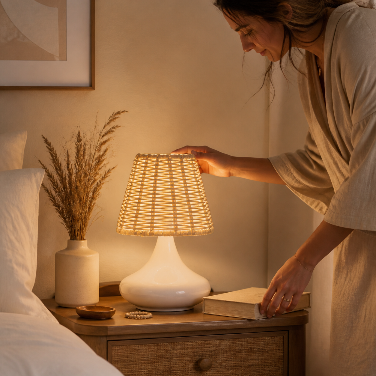Handwoven White Bamboo Table Lamp turned on beside a book