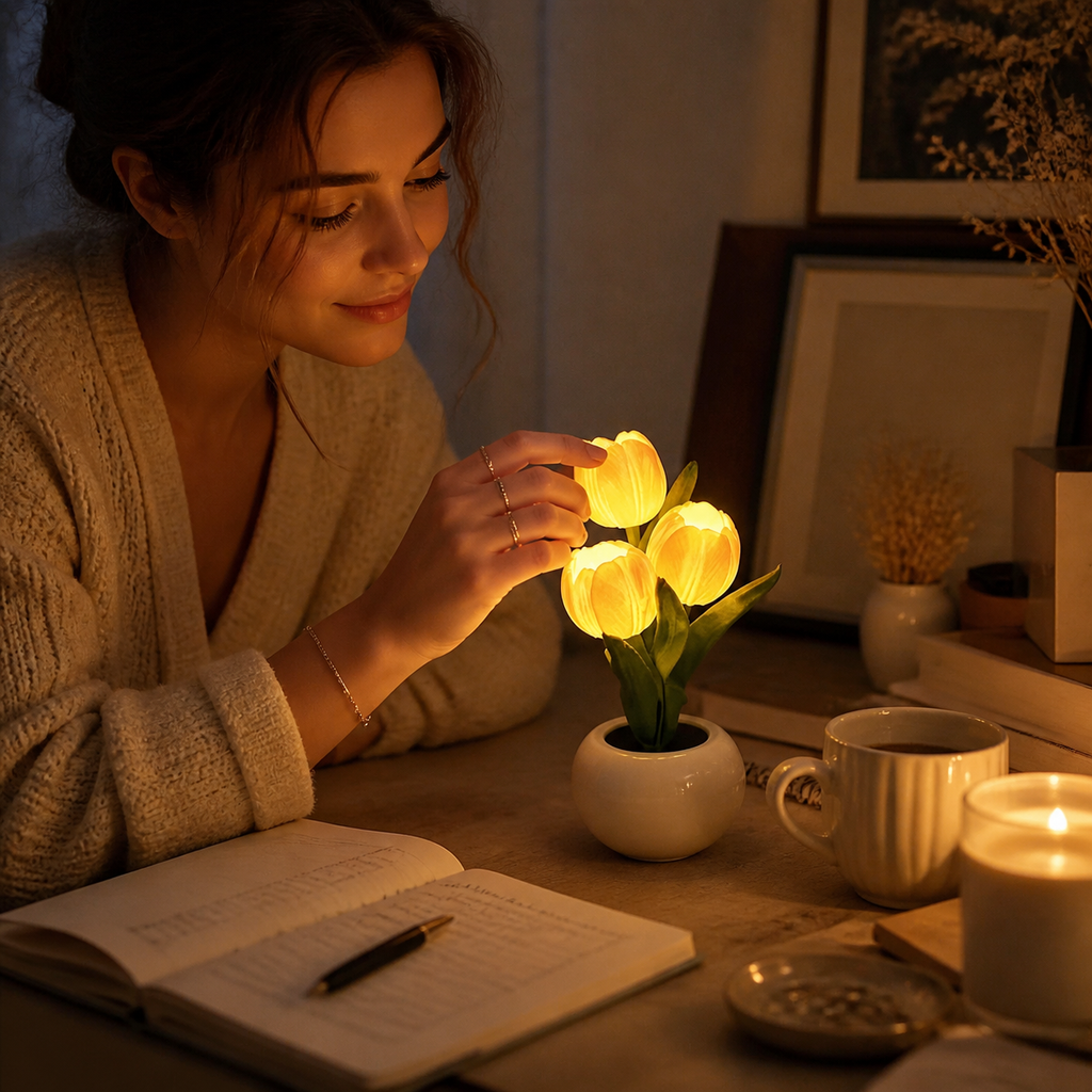 USB Tulip Ambient Table Lamp adjusted at a journaling desk