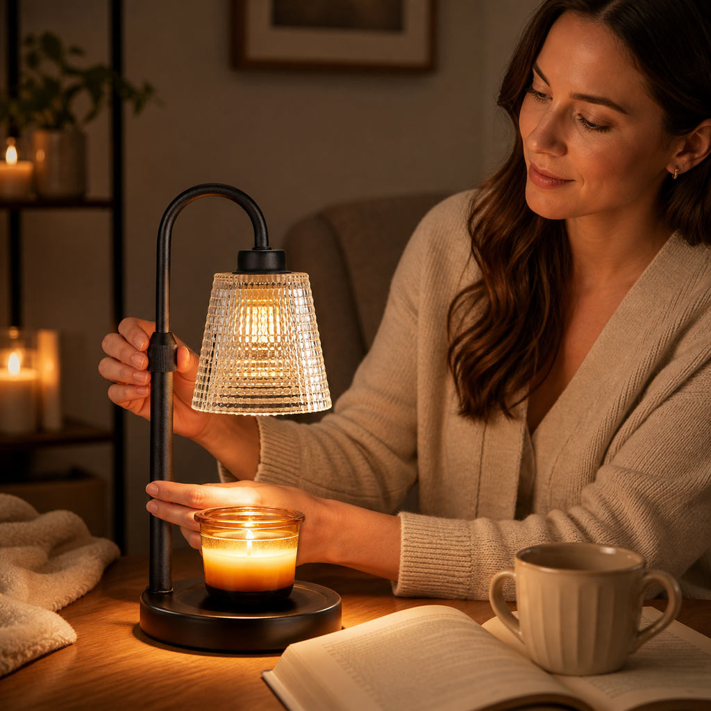 Height-Adjustable Candle Warmer Lamp adjusted in a reading nook