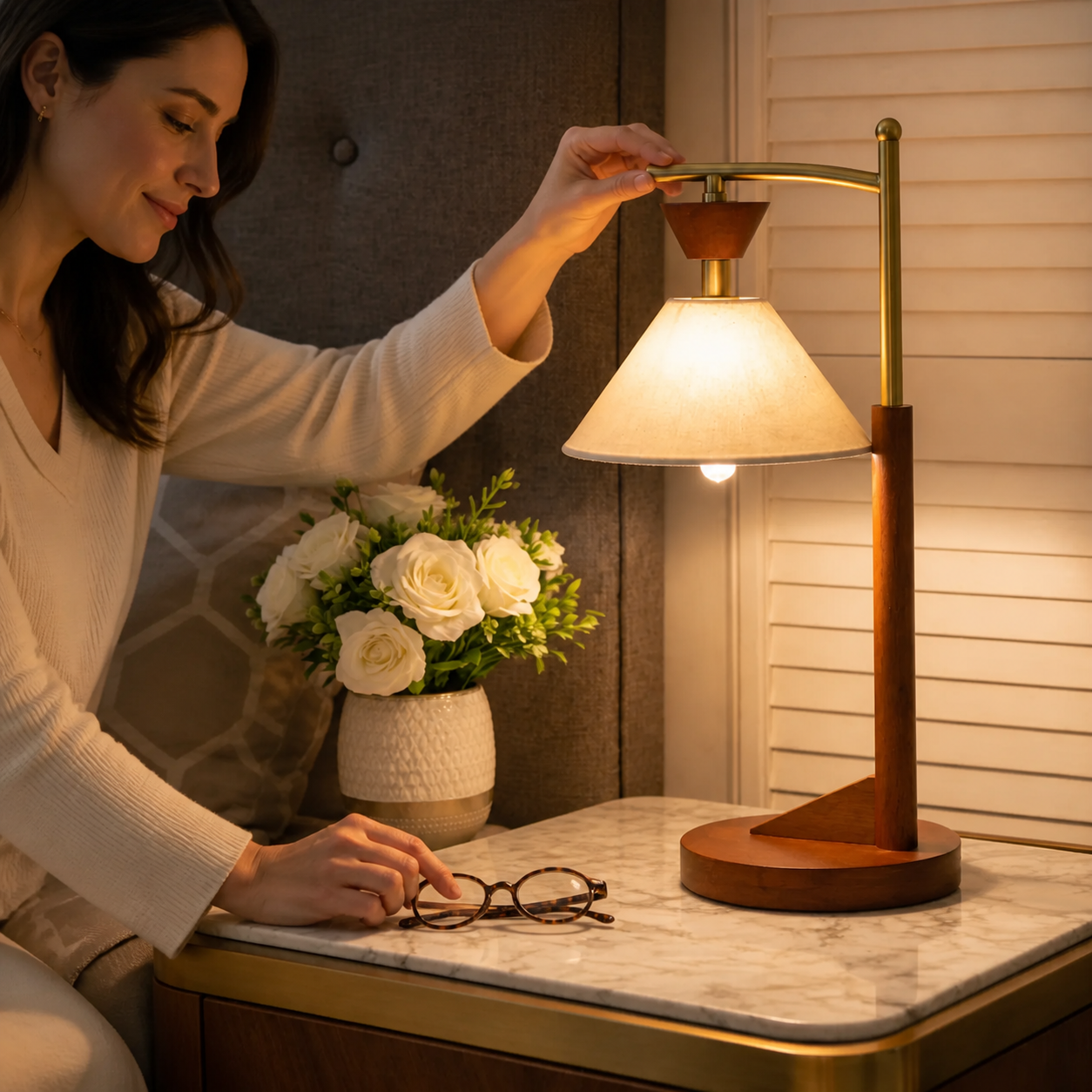 Wood Bedside Lamp with Ambient Light switched on before bed