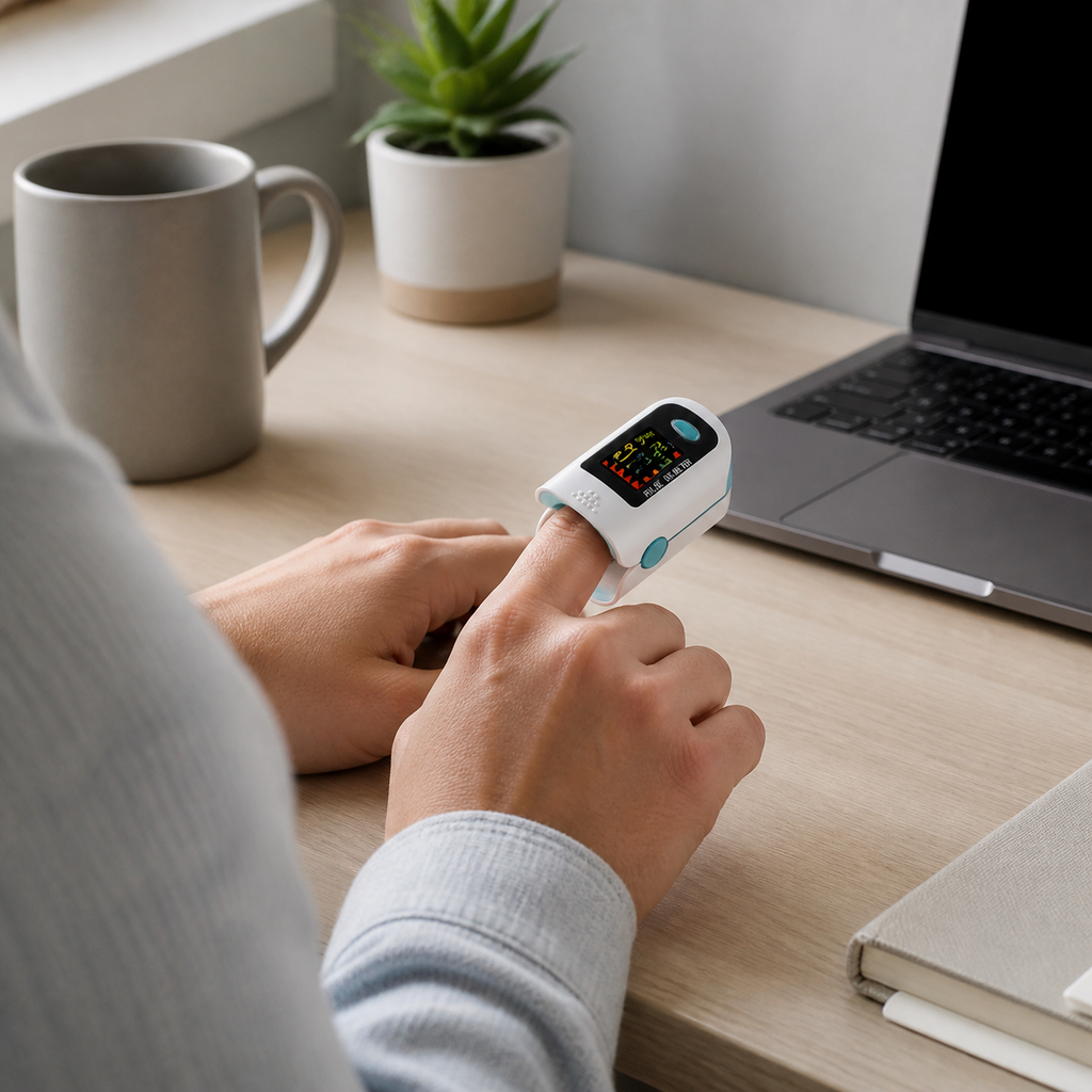 Digital Fingertip Pulse Oximeter checked briefly at a home desk