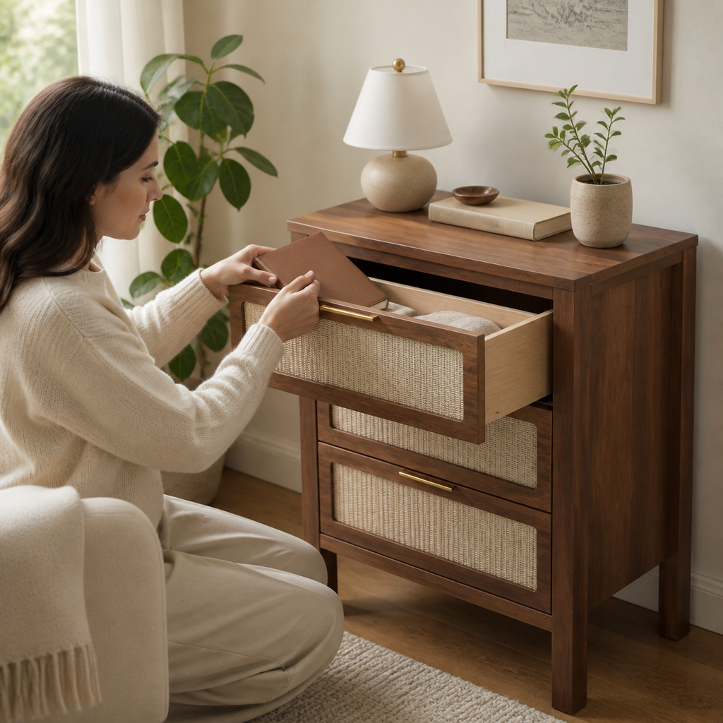 Modern Wood Bedside Chest used to put away a journal