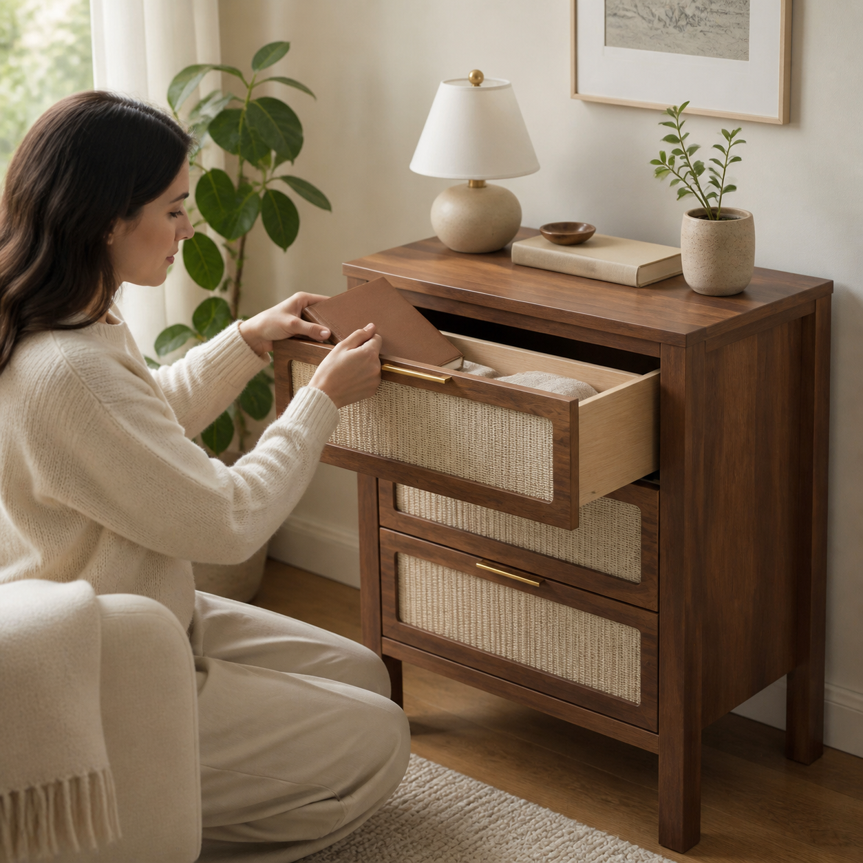 Modern Wood Bedside Chest used to put away a journal
