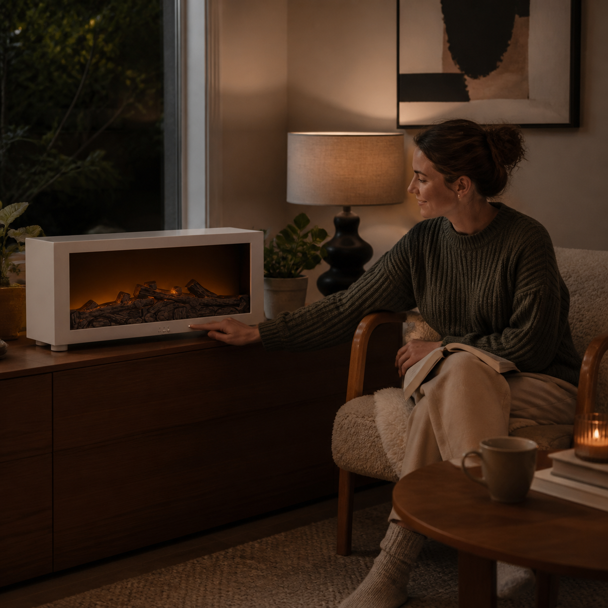 Simulated Flame Ambient Unit switched on in a reading nook