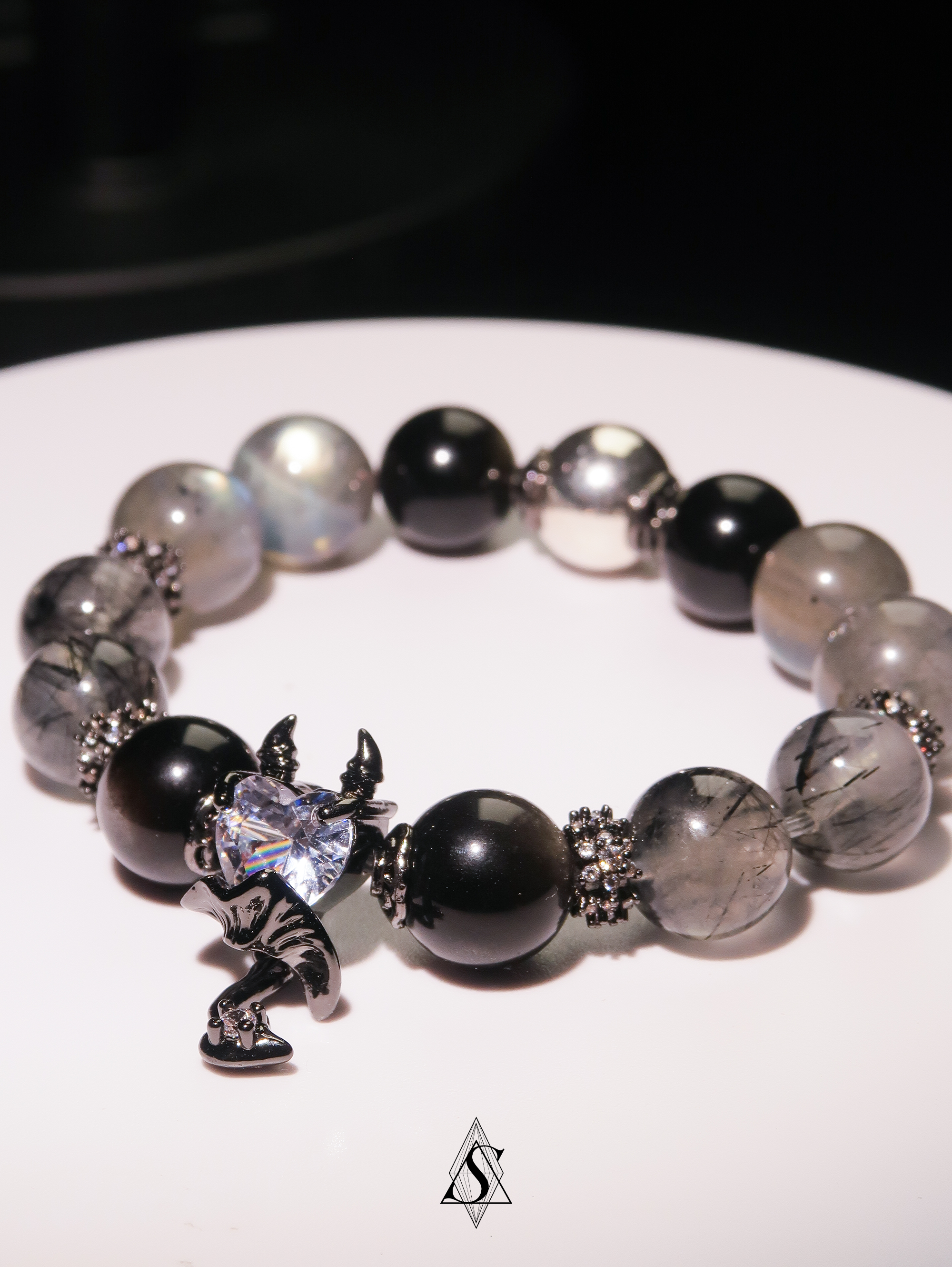 Devil’s Heart Bracelet – Obsidian, Gray Moonstone & Black Rutilated Quartz