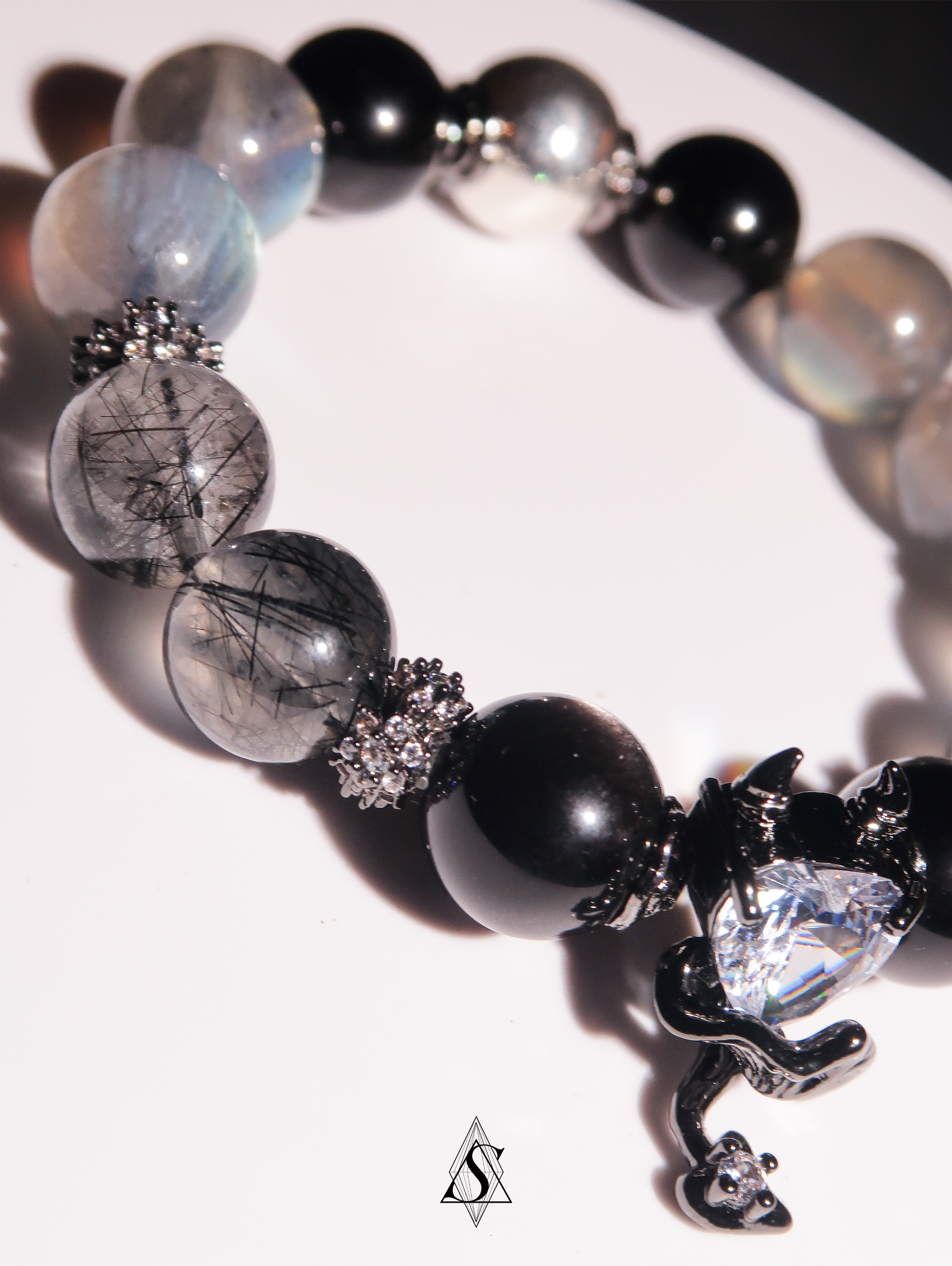 Devil’s Heart Bracelet – Obsidian, Gray Moonstone & Black Rutilated Quartz