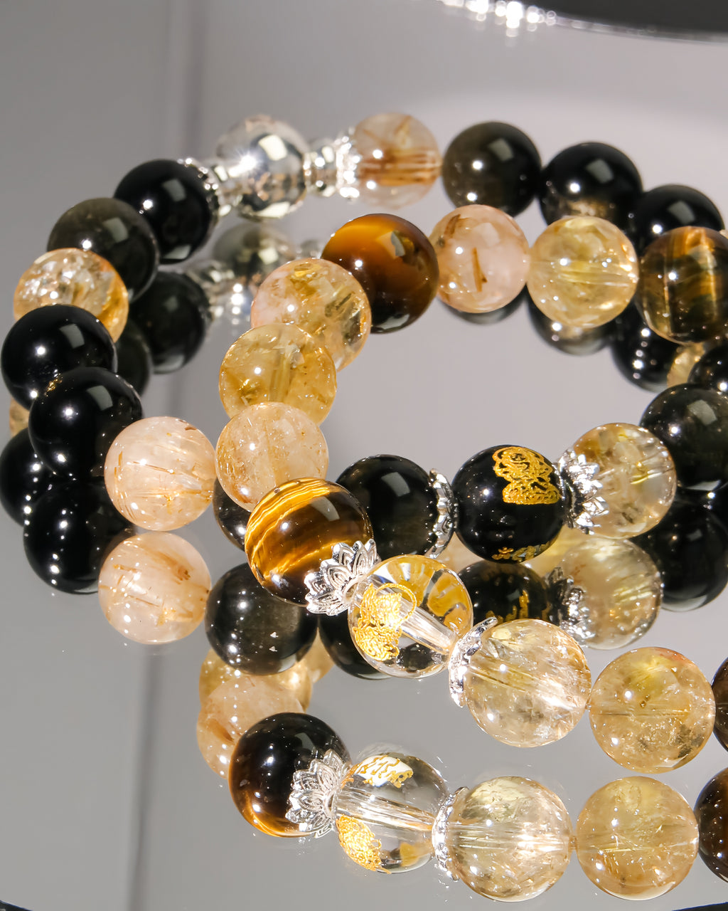 Couple Wealth Energy Bracelet Set for Career Growth & Prosperity (Gold Obsidian & Citrine + Golden Rutile Quartz & Tiger Eye)