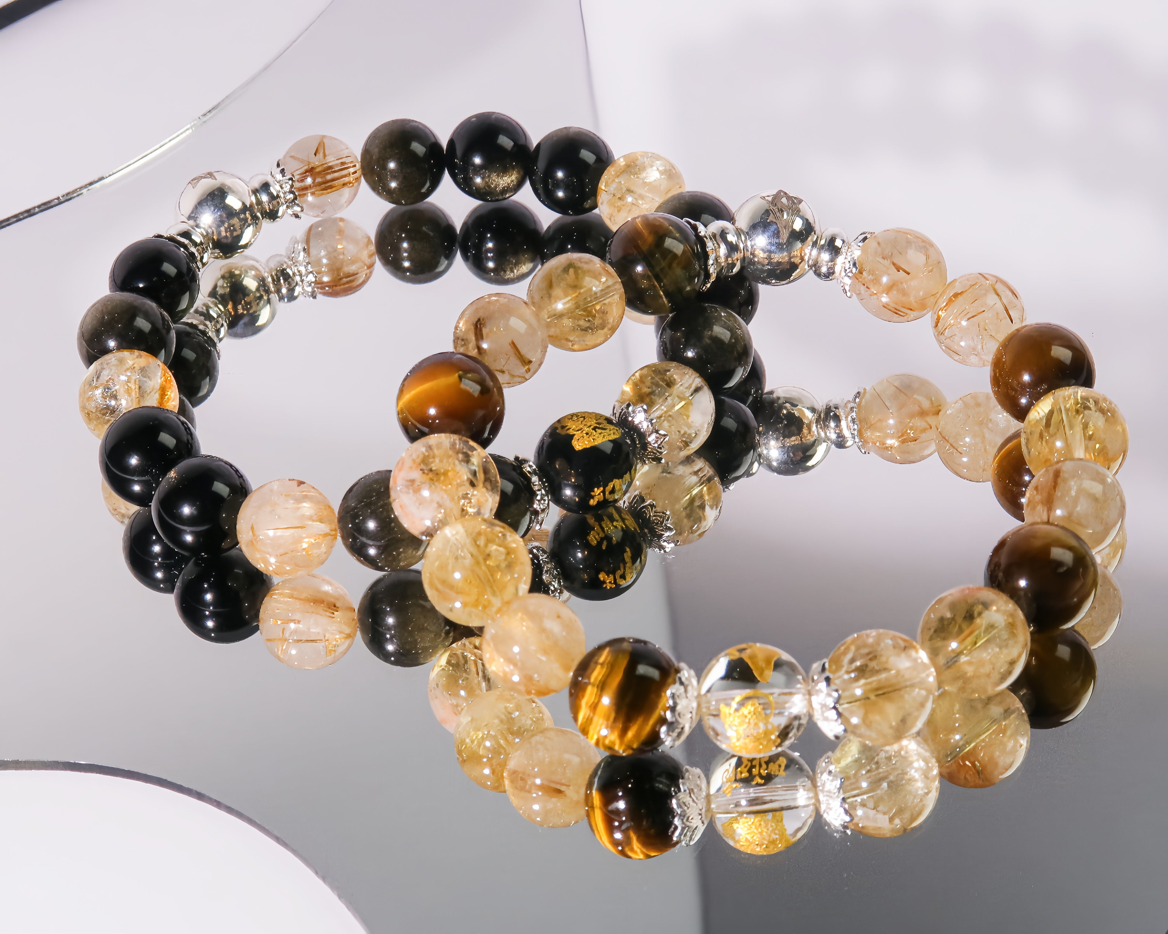 Couple Wealth Energy Bracelet Set for Career Growth & Prosperity (Gold Obsidian & Citrine + Golden Rutile Quartz & Tiger Eye)