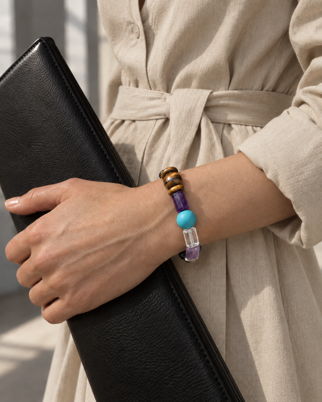 Dusk Mosaic — Amethyst Tiger Eye and Turquoise NFC Bracelet