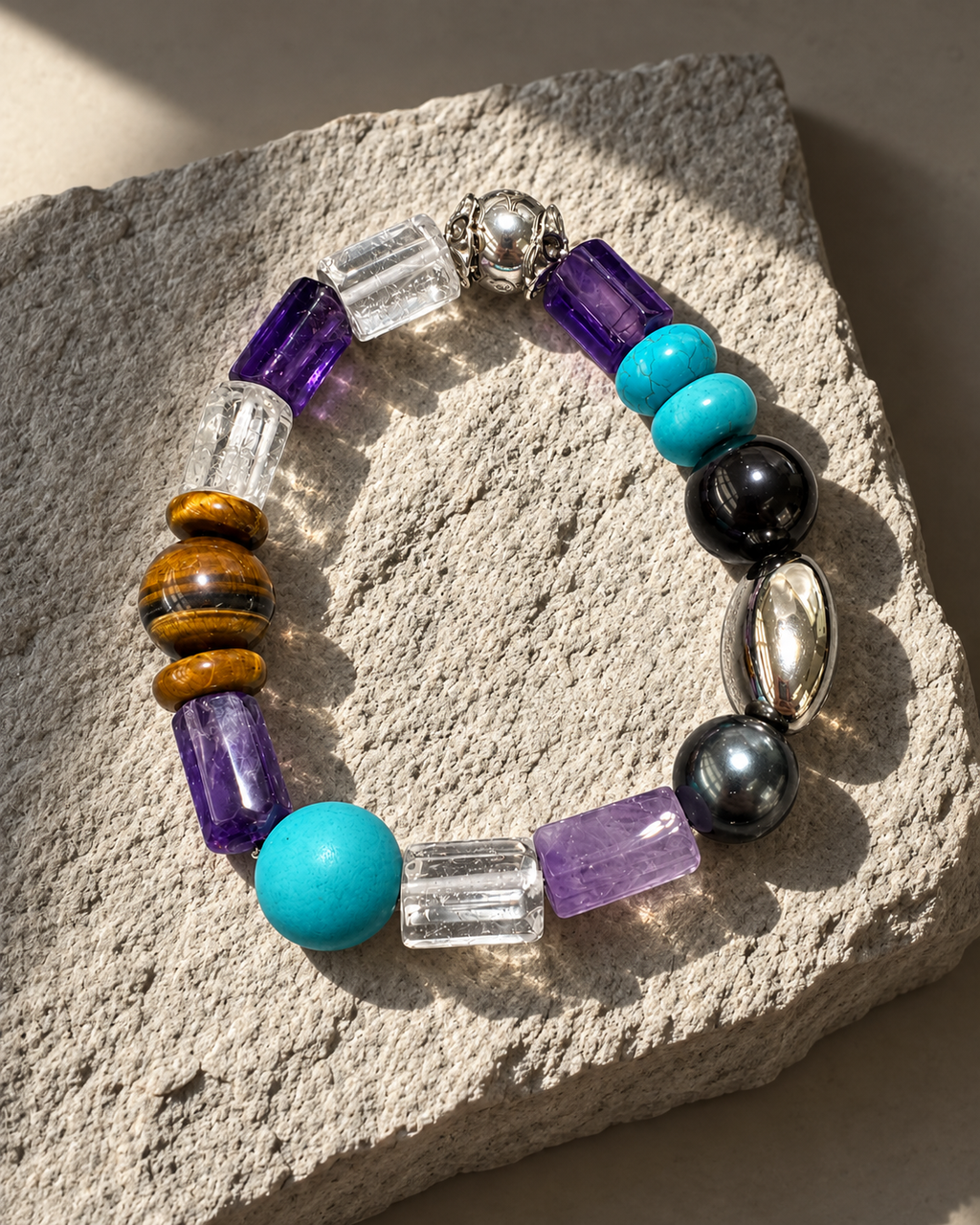 Dusk Mosaic — Amethyst Tiger Eye and Turquoise NFC Bracelet