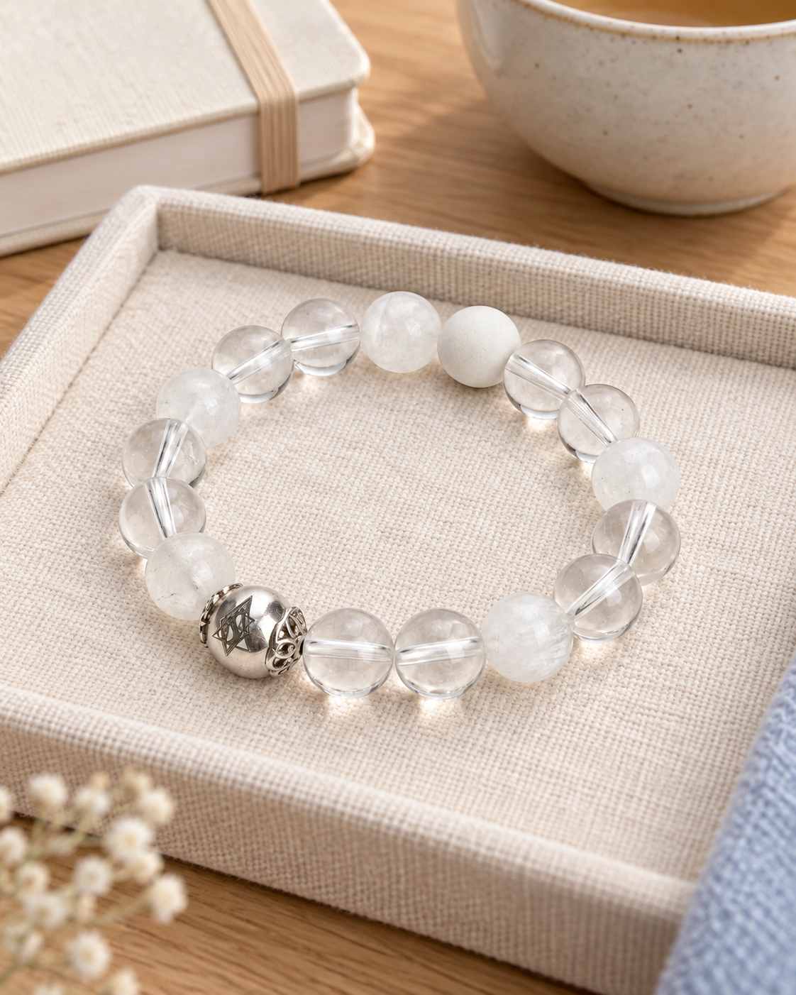 NFC Clear Quartz White Cat Eye Stone Balance Crystal Bracelet