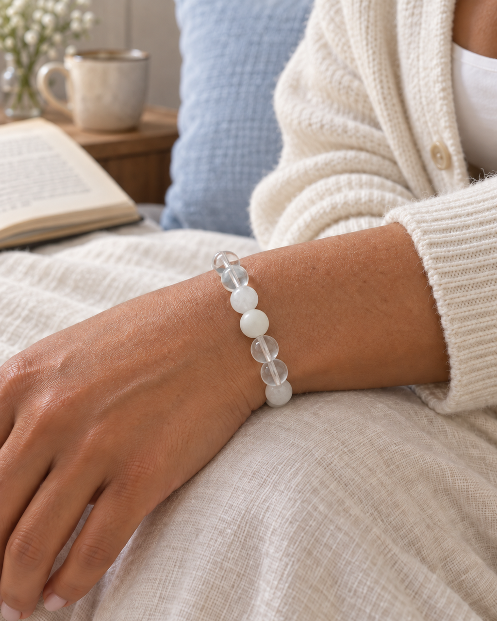 NFC Clear Quartz White Cat Eye Stone Balance Crystal Bracelet