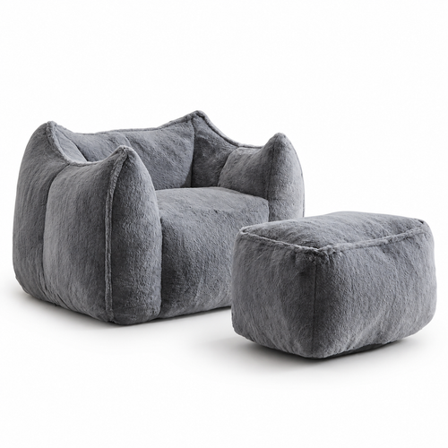 Gray plush bean bag armchair and ottoman on a white background