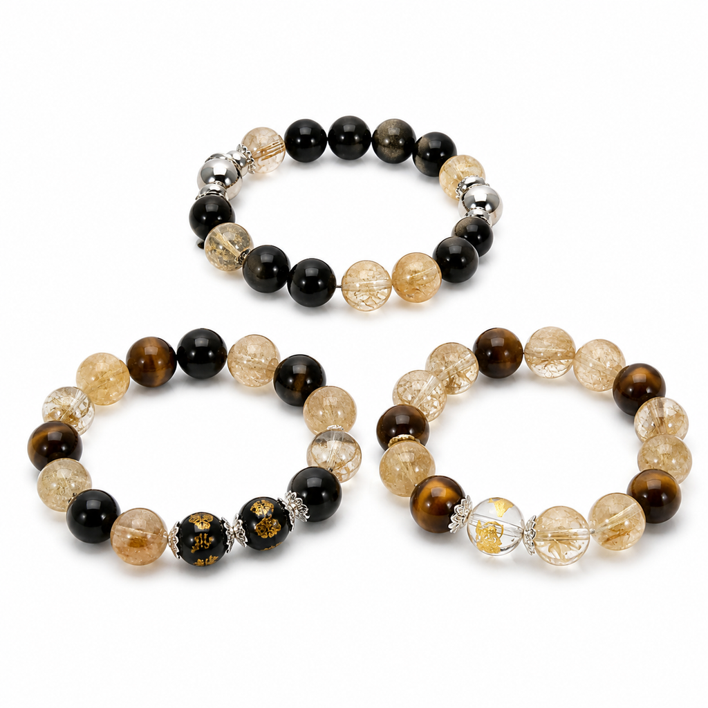 Couple Wealth Energy crystal bracelet set on a white background