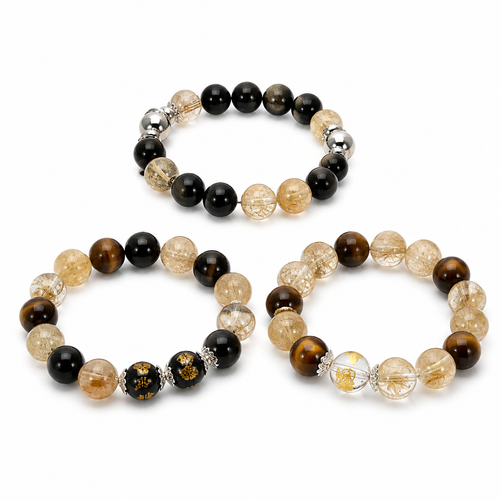 Couple Wealth Energy crystal bracelet set on a white background