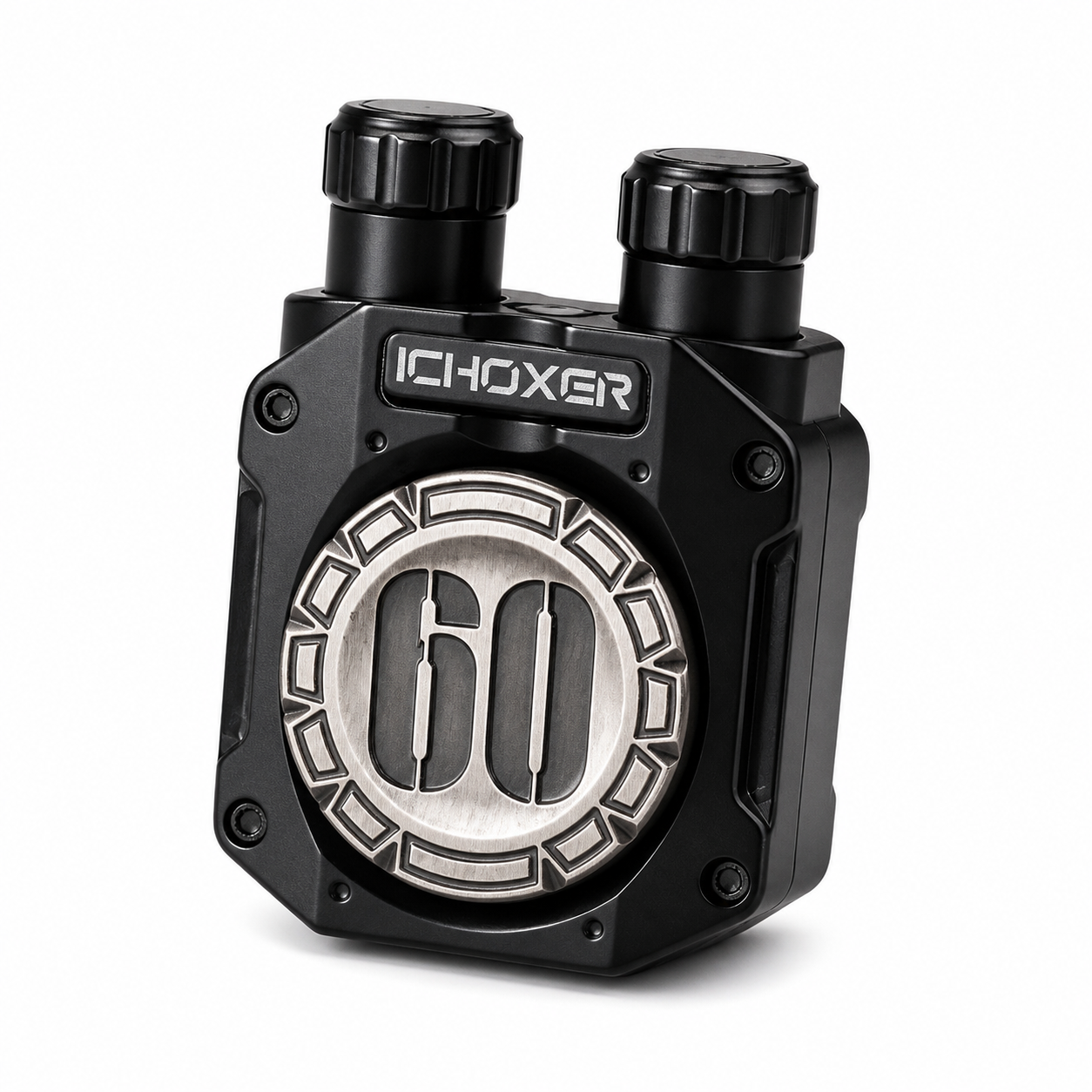 Black metal twin-linkage mechanical fidget slider on a white background