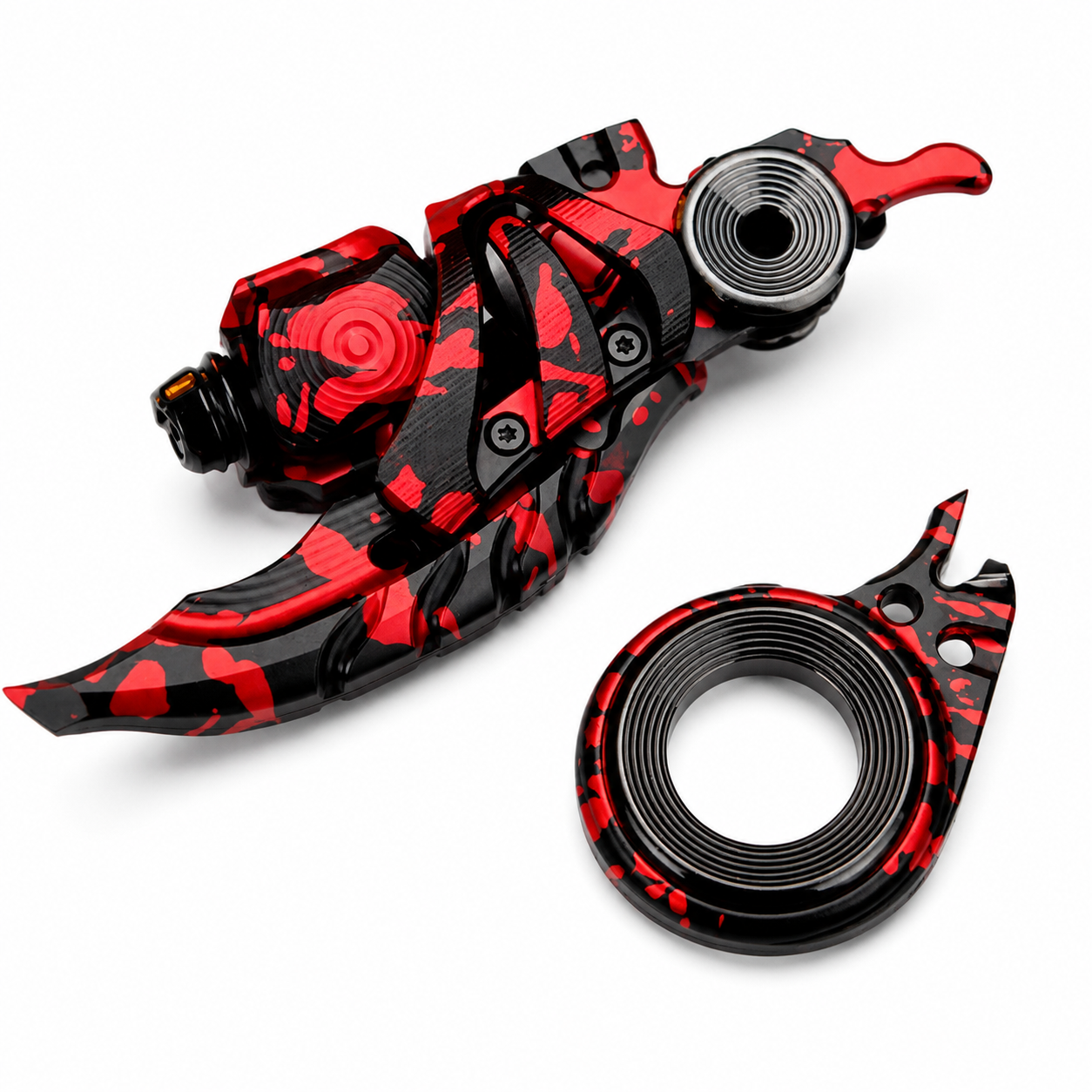 Red and black exoskeleton ratchet ring fidget slider set on a white background