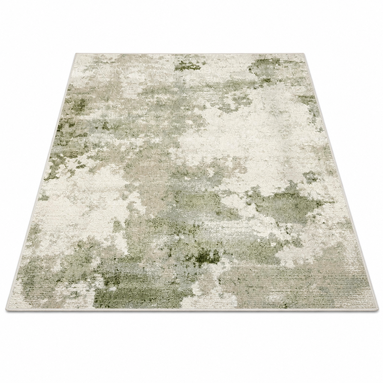 Cream and sage abstract area rug on a white background