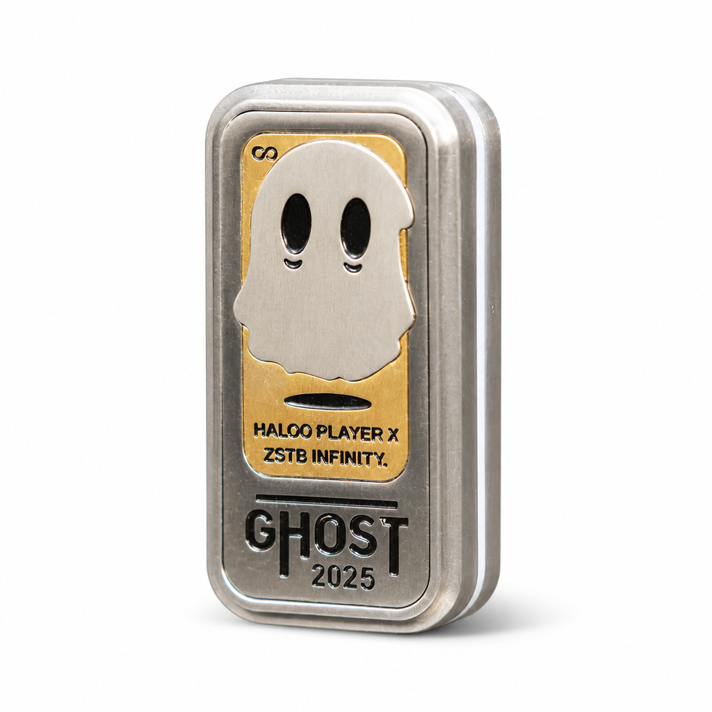Gold and silver Ghost metal magnetic EDC fidget slider on a white background