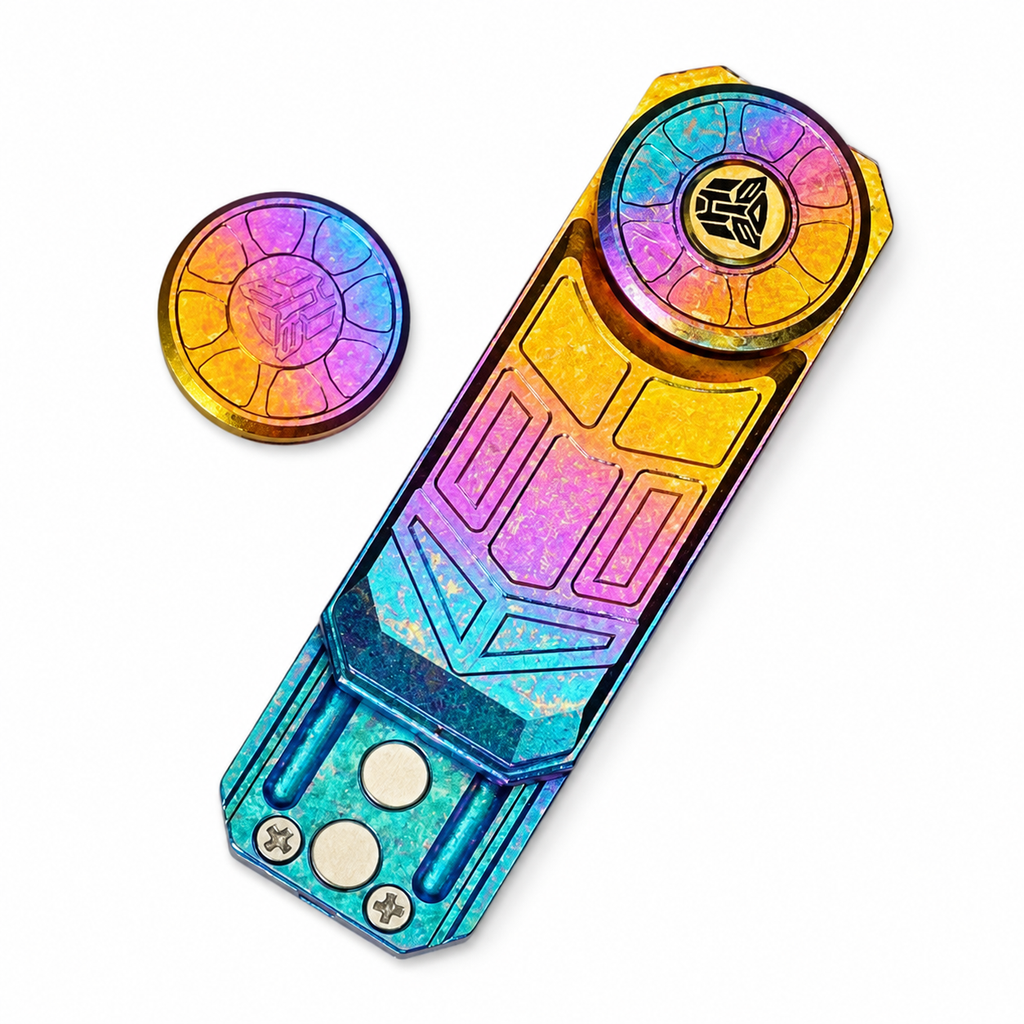 Rainbow titanium magnetic EDC fidget slider and disk on a white background