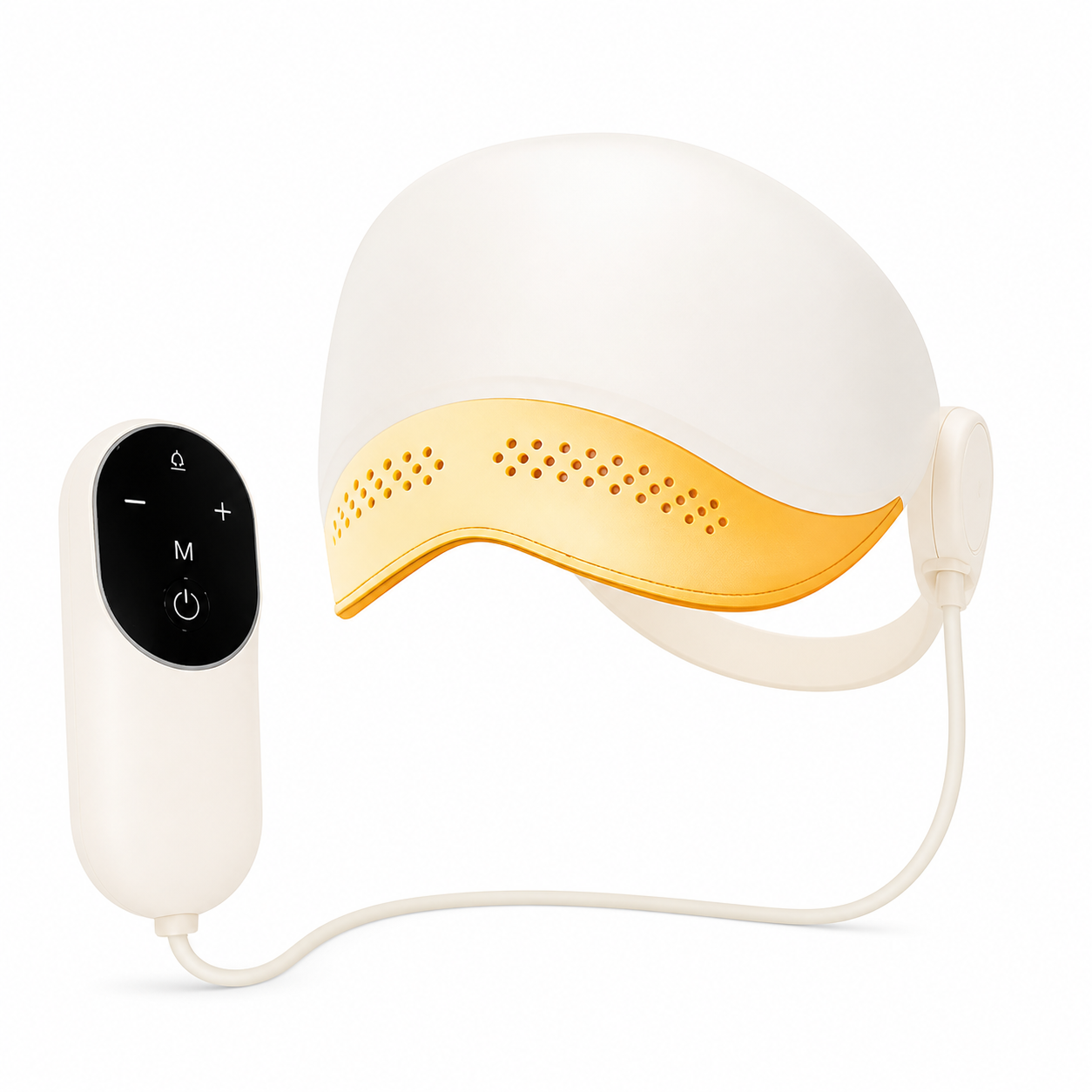 Heated kneading scalp massager helmet and controller on a white background