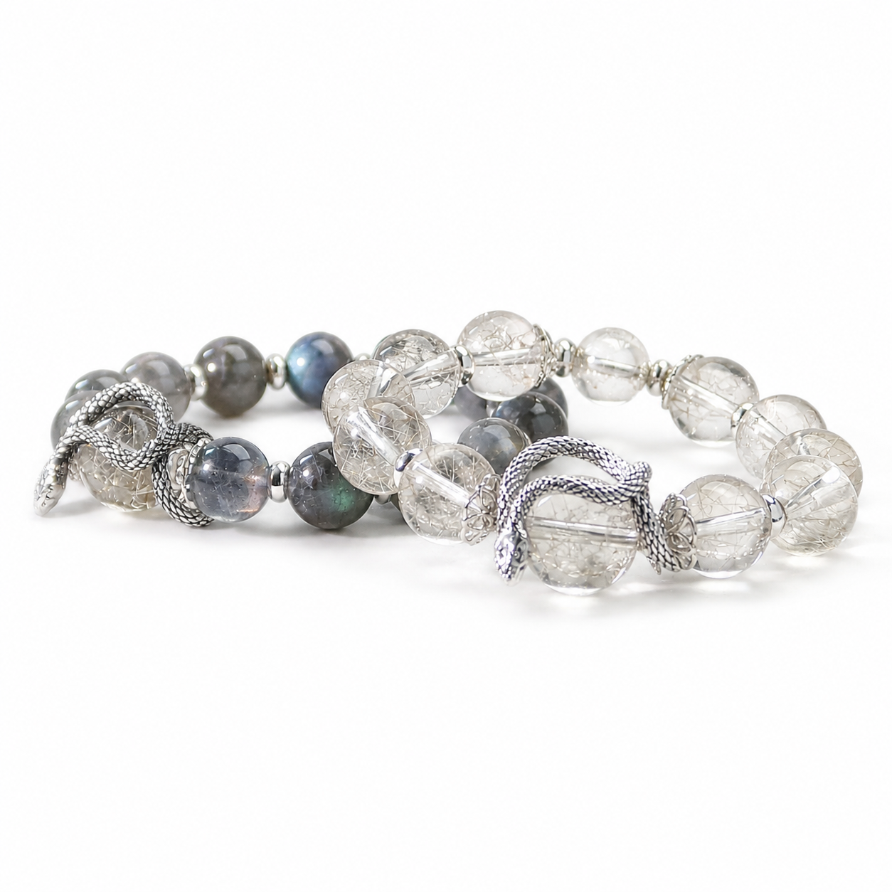 Love of the Spirit Snake couple crystal bracelets on a white background
