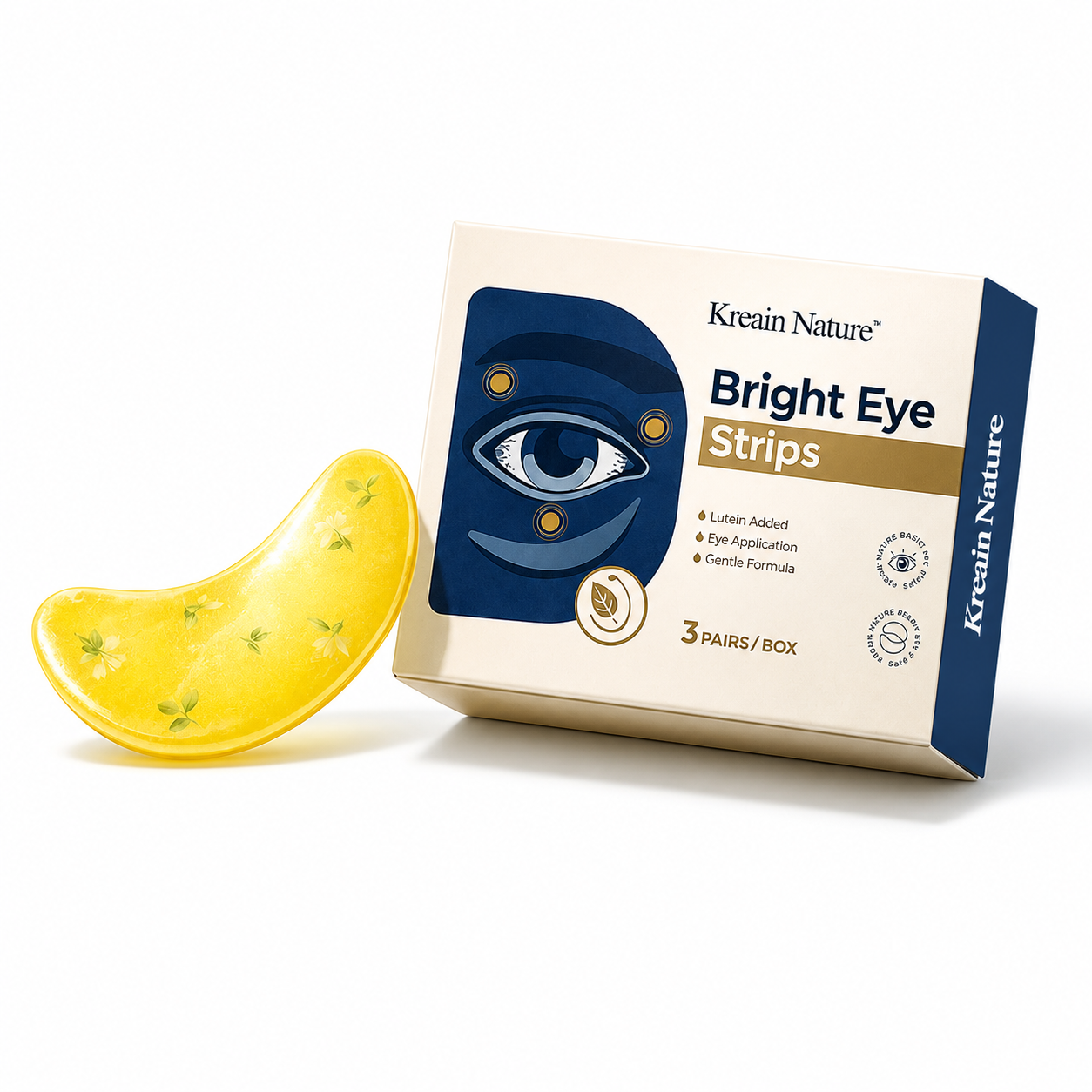 Lutein brightening eye patches and retail box on a white background