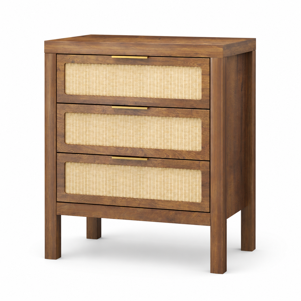 Wood and cane drawer bedside chest on a white background