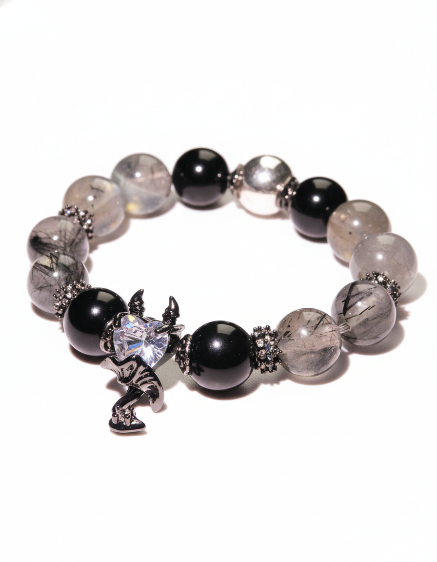 Devil’s Heart Bracelet – Obsidian, Gray Moonstone & Black Rutilated Quartz