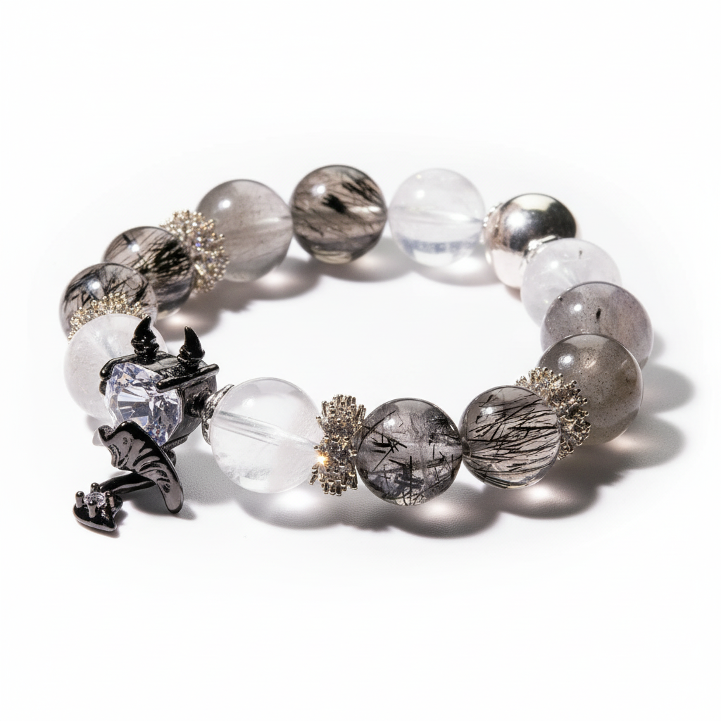 Devil’s Heart Bracelet – White Phantom Quartz & Gray Moonstone