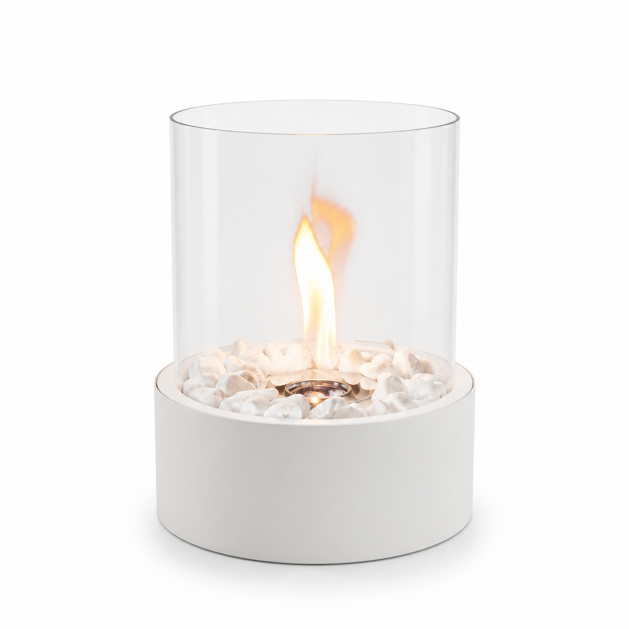 Round tabletop ethanol fireplace on a white background