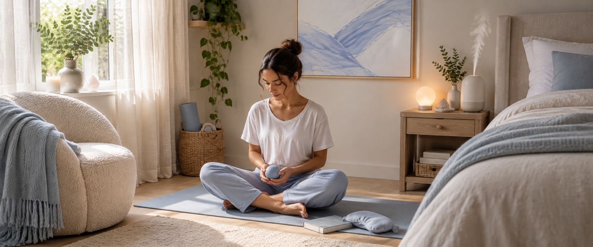 A personal healing corner in a bedroom, with a woman seated on a meditation mat beside a bed, soft blue textiles, a diffuser and warm lighting.