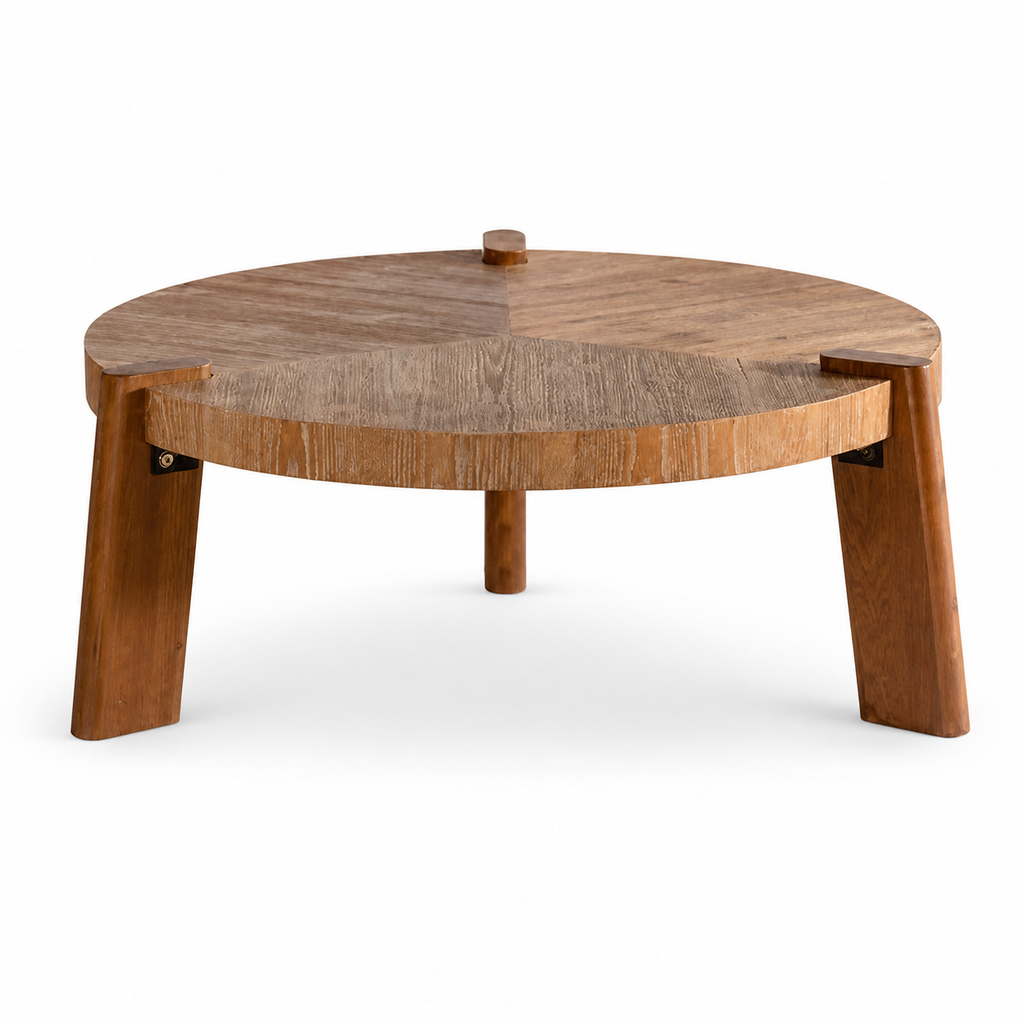 Round natural wood coffee table on a white background