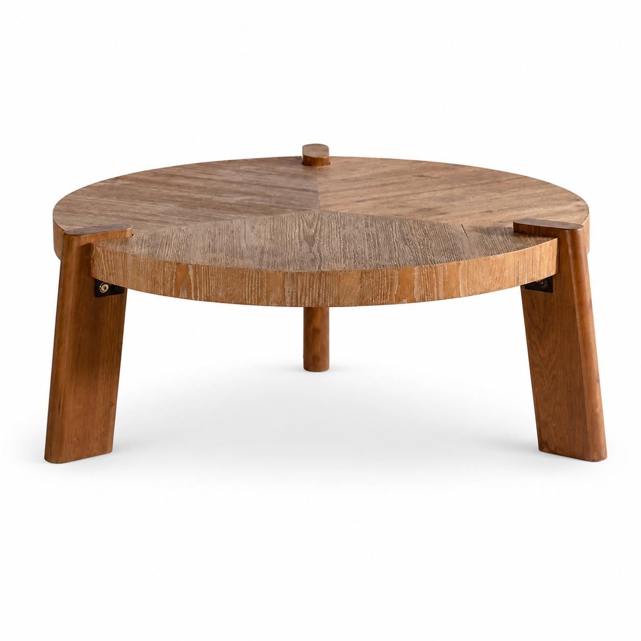 Round natural wood coffee table on a white background