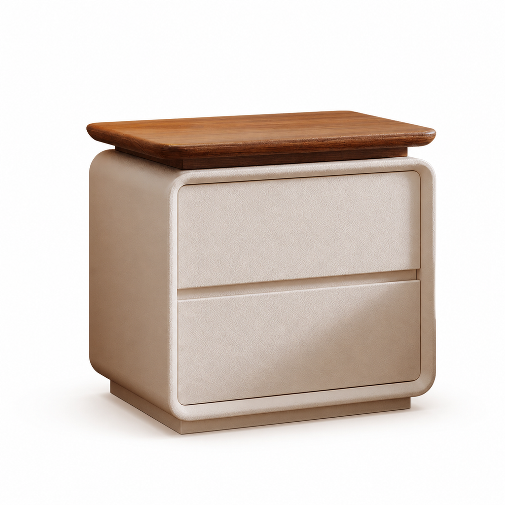 Wayon Furniture Luxury Mid-century Nightstand Solid Wood Top with Leather-look Drawers Modern Bedroom Decor on pure white background